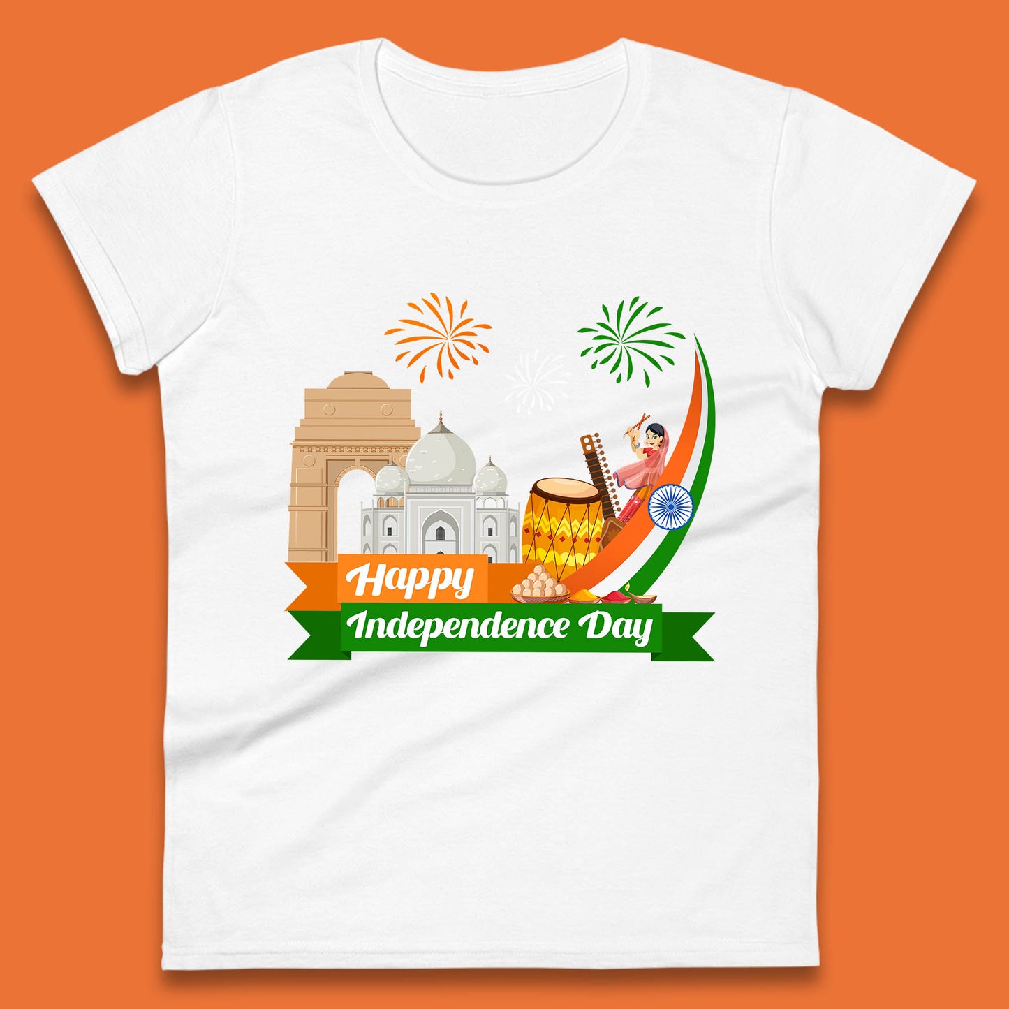 Happy India Independence Day 15th August Patriotic Indian Flag India Architectural Landmarks Womens Tee Top
