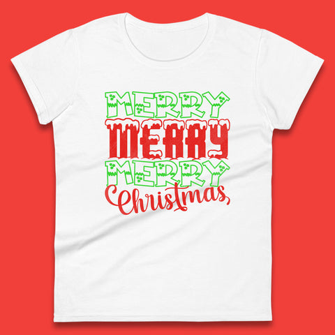 Merry Merry Merry Christmas Winter Holiday Festive Celebration Womens Tee Top
