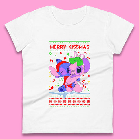 Merry Kissmas Christmas Disney Stitch And Angel Xmas Lilo & Stitch Womens Tee Top