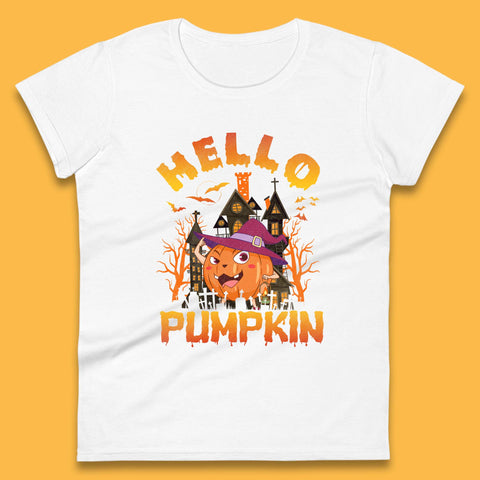Hello Pumpkin Cartoon Halloween Pumpkin With Witch Hat Devil Smile Haunted Castle Womens Tee Top