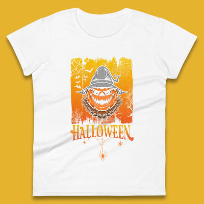 Angry Halloween Scary Evil Pumpkin Funny Pumpkin Head With Fire Eyes Scary Spooky Season Womens Tee Top