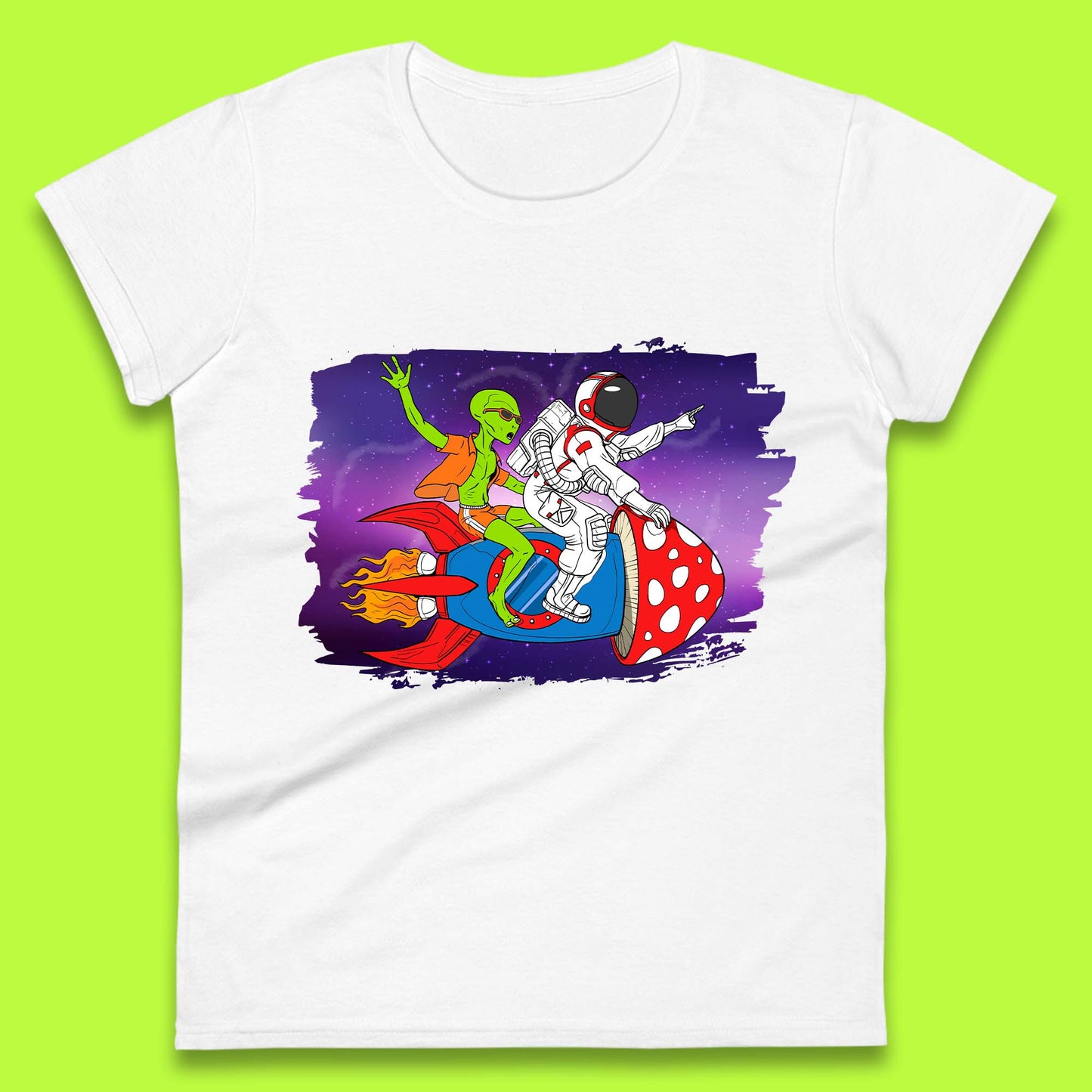 Alien & Astronaut Rocket Ship Womens T-Shirt
