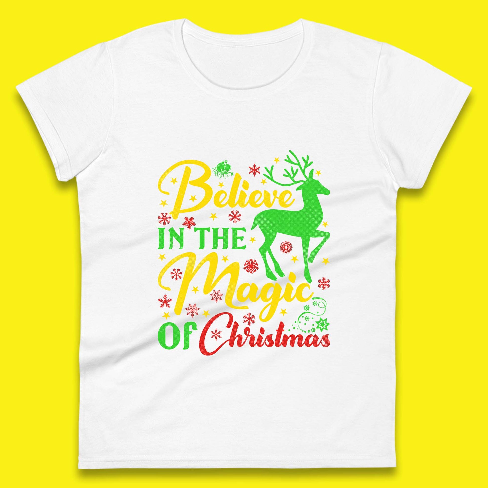 believe in the magic of christmas reindeer womens t shirt