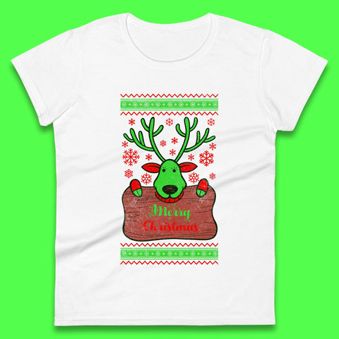 Merry Christmas Happy Reindeer Antler Xmas Festive Gift Womens Tee Top