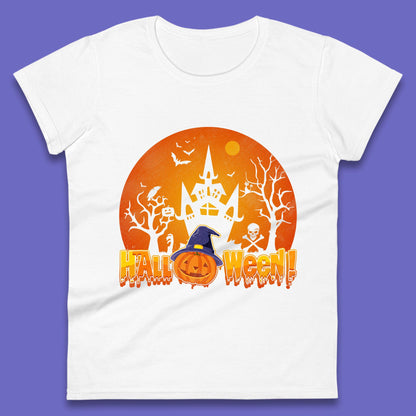 Halloween Pumpkin Witch Hat Haunted Castle Flying Bats Skull Bones Scary Dark Night Womens Tee Top