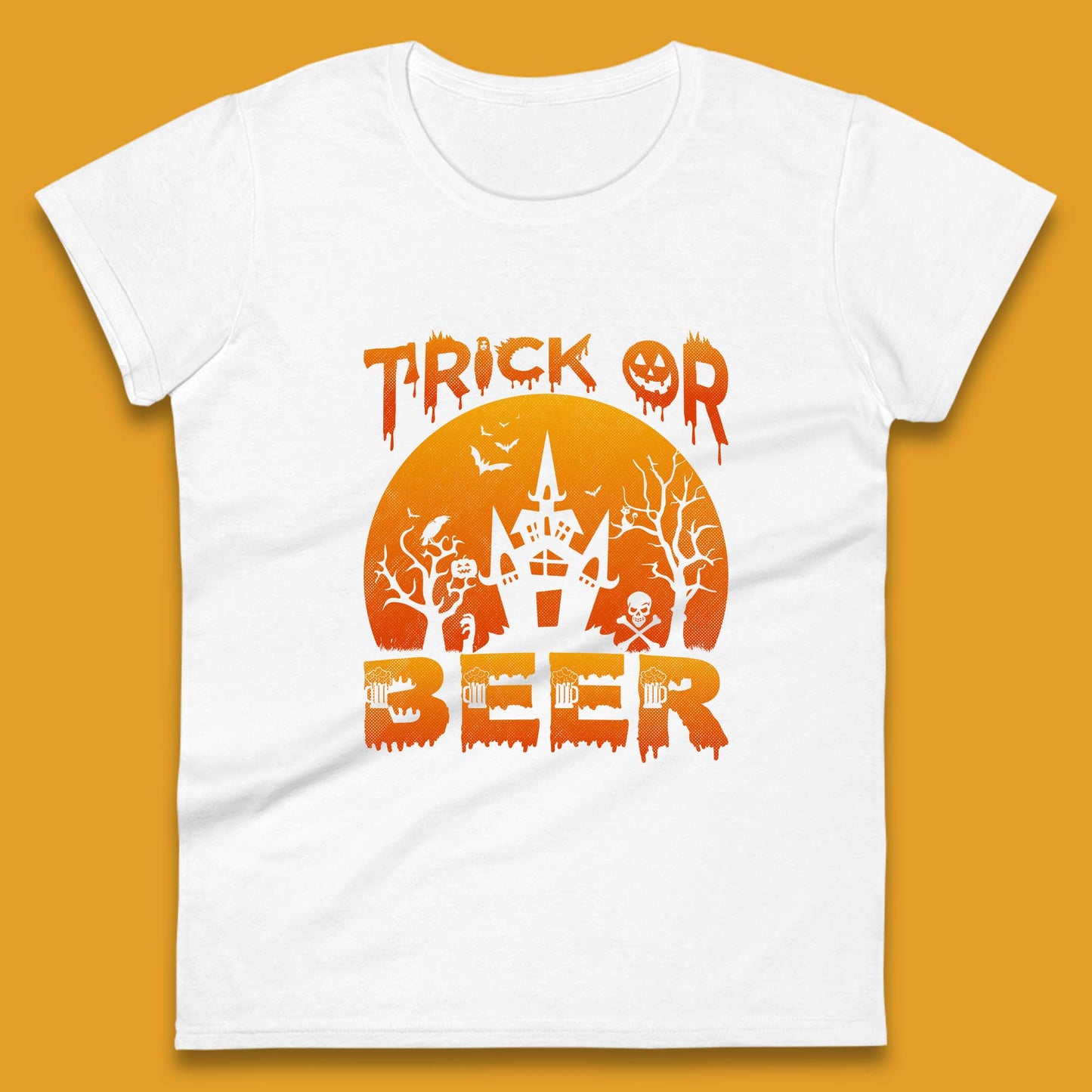 Trick Or Beer Halloween Drinking Beer Lover Horror Haunted House Drinker Halloween Party Womens Tee Top