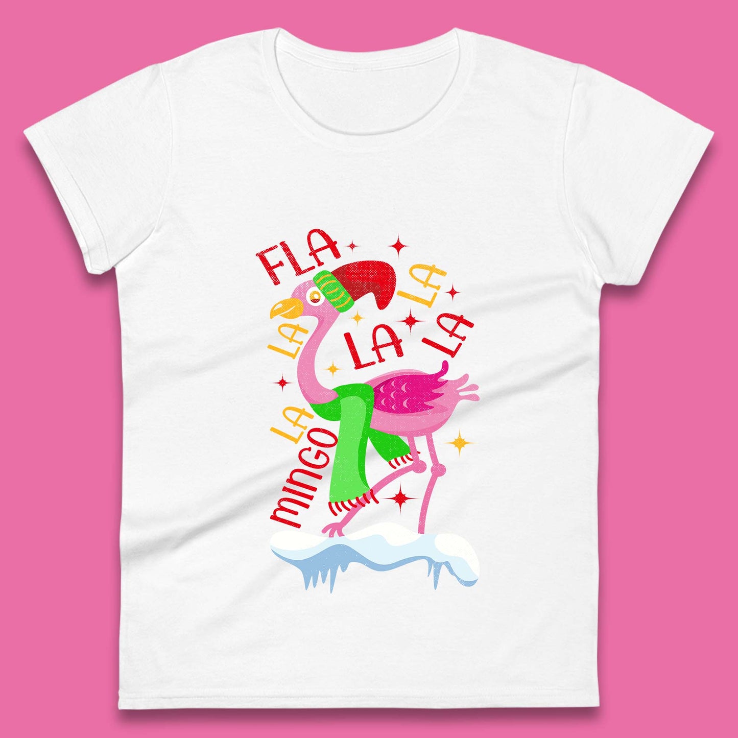 pink flamingo christmas womens t shirt