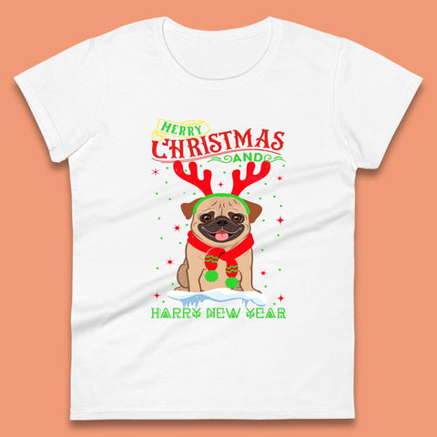 Merry Christmas And Happy New Year Pug Dog Wearing Red Scarf And Antlers Xmas Dog Lovers Womens Tee Top