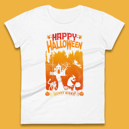 Happy Halloween Horror Hunted House Flying Witch Scary Spooky Night Womens Tee Top