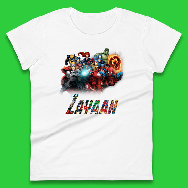 Personalised Marvel Avengers Super Heroes Movie Characters Spider Man, Black Widow, Hulk, Iron Man, Thor, Captain America Avengers Squad Womens Tee Top