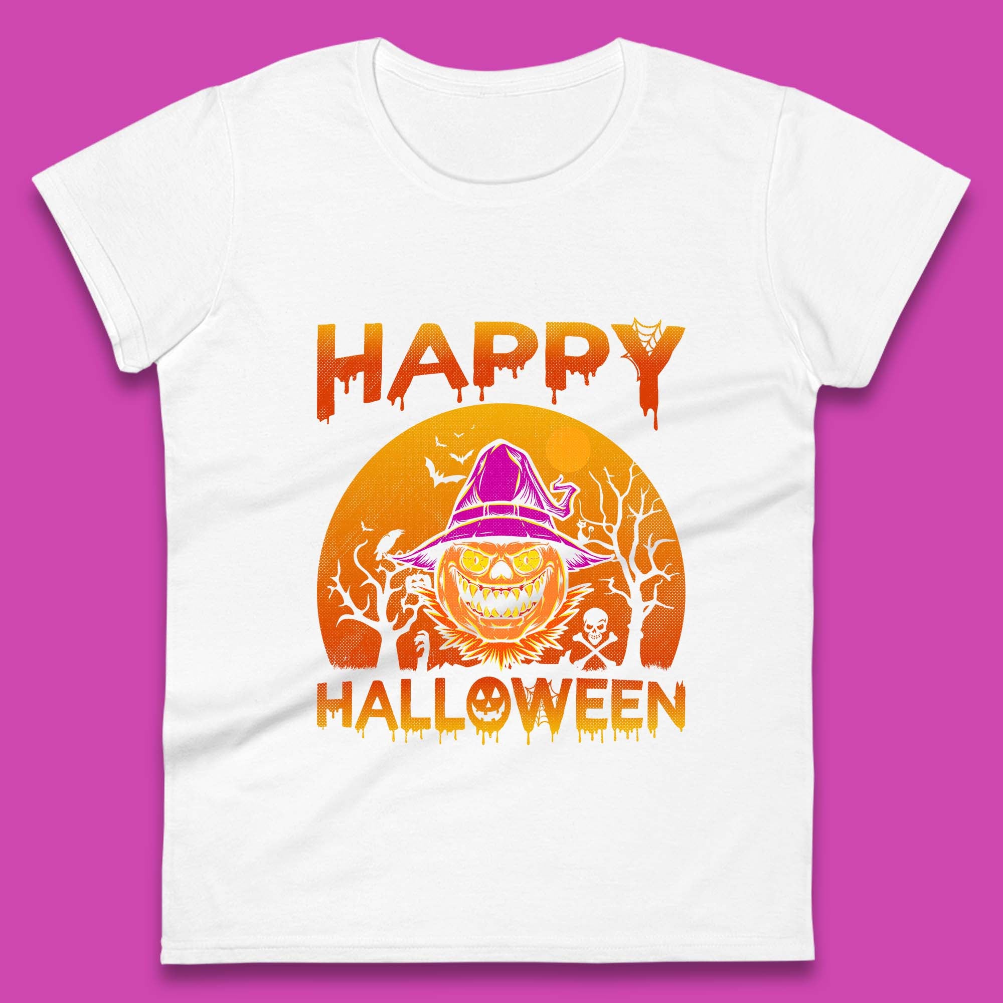 Happy Halloween Monster Pumpkin With Witch Hat Horror Scary Spooky Season Womens Tee Top