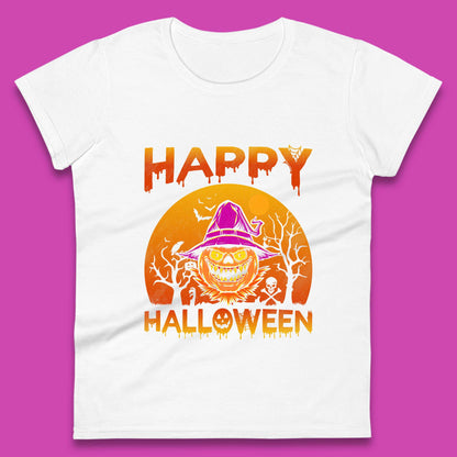 Happy Halloween Monster Pumpkin With Witch Hat Horror Scary Spooky Season Womens Tee Top