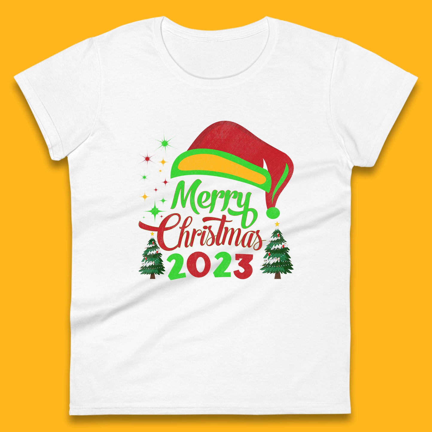 Merry Christmas 2023 Elf Hat Christmas Trees Xmas Gift Womens Tee Top