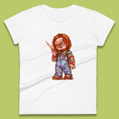 The Horror Movie Character Chucky With Knife Serial Killer Halloween Horror Movie Inspired Chucky Womens Tee Top