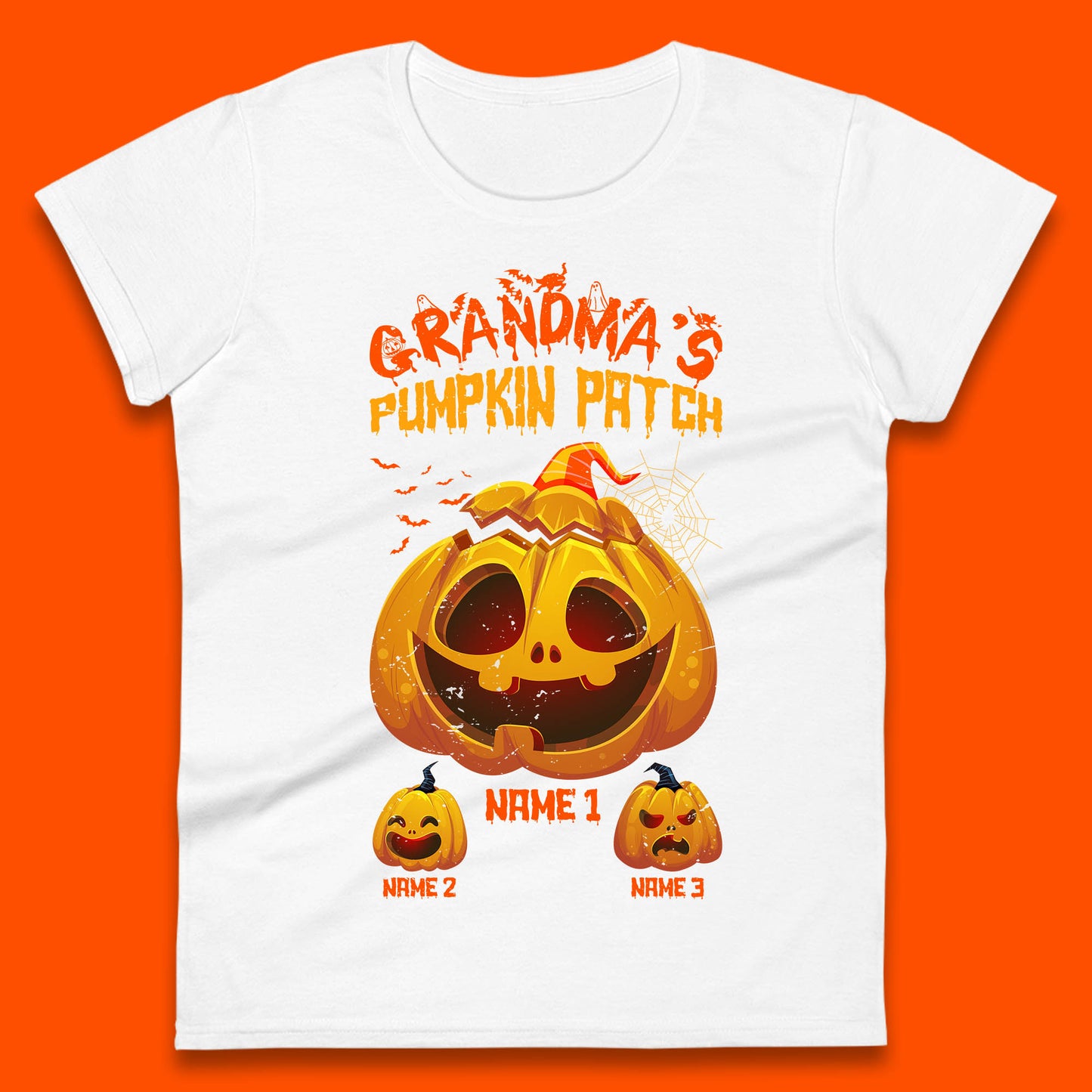 Personalised Grandma's Pumpkin Patch Halloween Grandma Pumpkin With Grandkid Names Gift Womens Tee Top