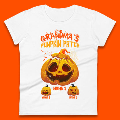 Personalised Grandma's Pumpkin Patch Halloween Grandma Pumpkin With Grandkid Names Gift Womens Tee Top