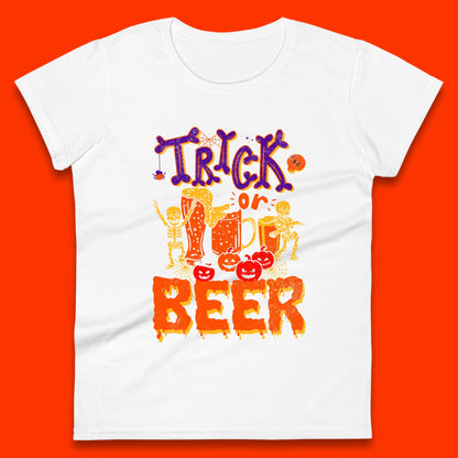 Trick Or Beer Halloween Drinking Beer Lover Dancing Skeleton Drinker Halloween Party Womens Tee Top
