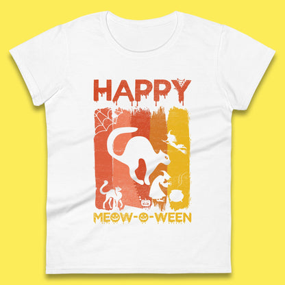 Happy Meow-O-ween Funny Halloween Black Cat Scary Spooky Womens Tee Top