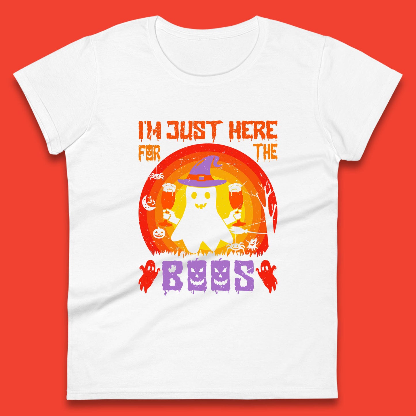 I'm Just Here For The Boos Halloween Boo Ghost Witch Hat Horror Scary Womens Tee Top