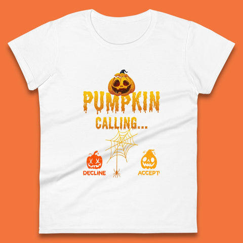Halloween Pumpkin Calling Accept Decline Funny Jack O Lantern Horror Scary Phone Call Womens Tee Top