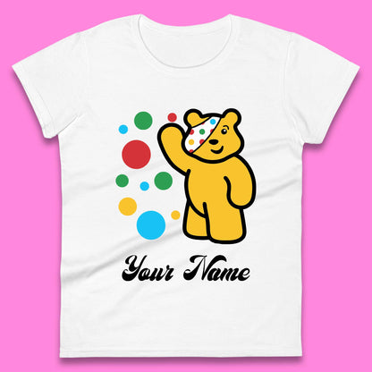 Personalised Spotty Pudsey Bear Hand Waving Dotty Spot Your Name Fundraising Spotty Bear Spotty Day Womens Tee Top