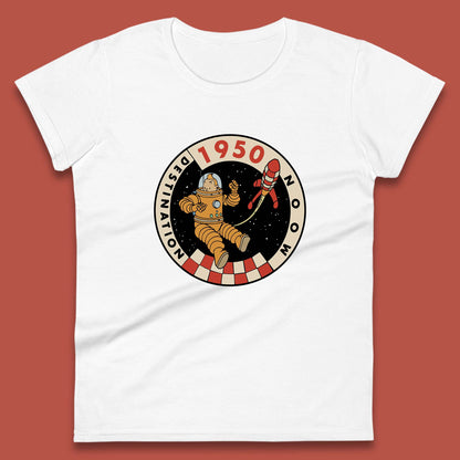 Destination Moon 1950 Astronaut Tintin The Lunar Rocket Retro Comic Space Adventure Womens Tee Top