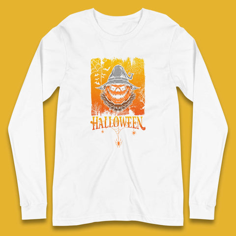 Angry Halloween Scary Evil Pumpkin Funny Pumpkin Head With Fire Eyes Scary Spooky Season Long Sleeve T Shirt