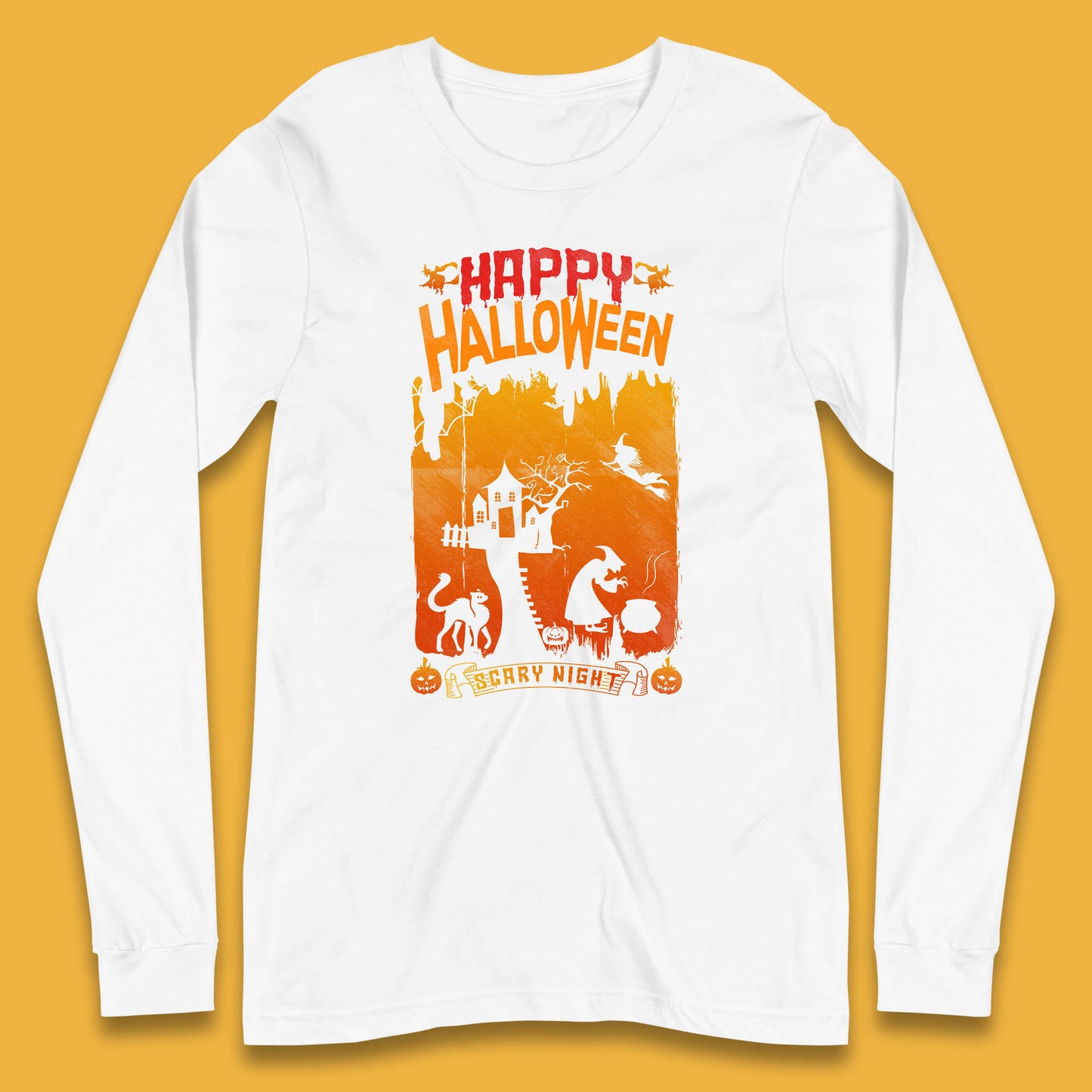 Happy Halloween Horror Hunted House Flying Witch Scary Spooky Night Long Sleeve T Shirt