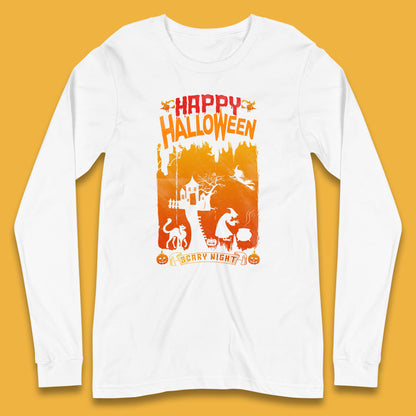 Happy Halloween Horror Hunted House Flying Witch Scary Spooky Night Long Sleeve T Shirt