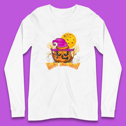 Happy Halloween Pumpkin Witch Hat Jack-o'-lantern With Full Moon Flying Bats Horror Scary Boo Ghost Long Sleeve T Shirt