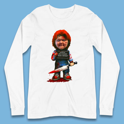Chucky Mug Shot Russian Police Dept Hasbulla Magomedov Chucky Mini Khabib Inspired Halloween Horror Movie Good Guy Chucky Long Sleeve T Shirt