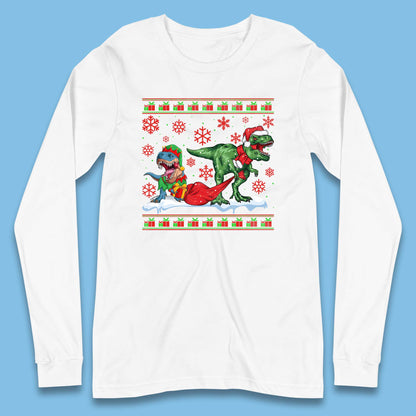 Christmas T-rex Dinosaur Wearing Santa & Elf Costume Long Sleeve T Shirt
