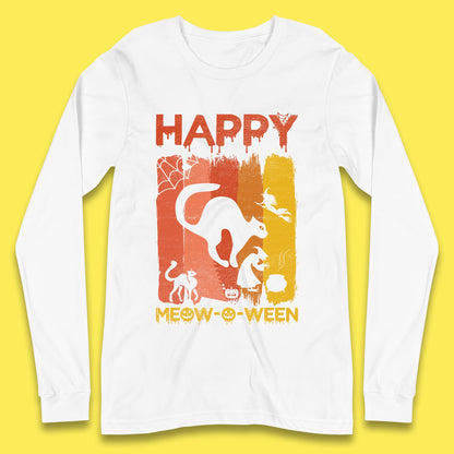 Happy Meow-O-ween Funny Halloween Black Cat Scary Spooky Long Sleeve T Shirt