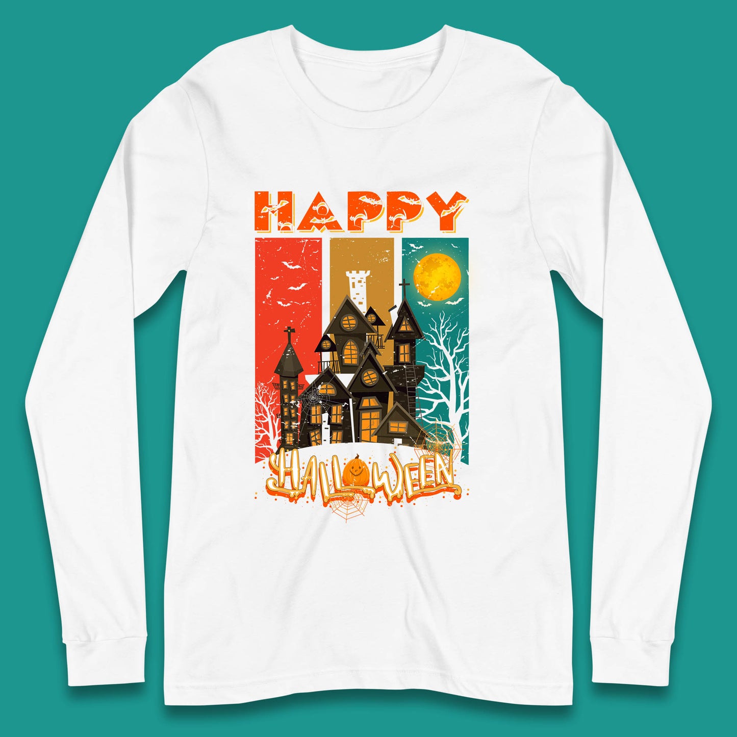 Happy Halloween Vintage Style Horror Scary Haunted House Long Sleeve T Shirt