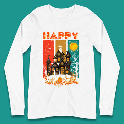 Happy Halloween Vintage Style Horror Scary Haunted House Long Sleeve T Shirt