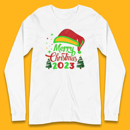 Merry Christmas 2023 Elf Hat Christmas Trees Xmas Gift Long Sleeve T Shirt