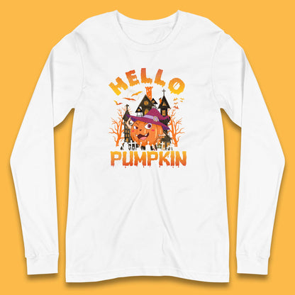 Hello Pumpkin Cartoon Halloween Pumpkin With Witch Hat Devil Smile Haunted Castle Long Sleeve T Shirt