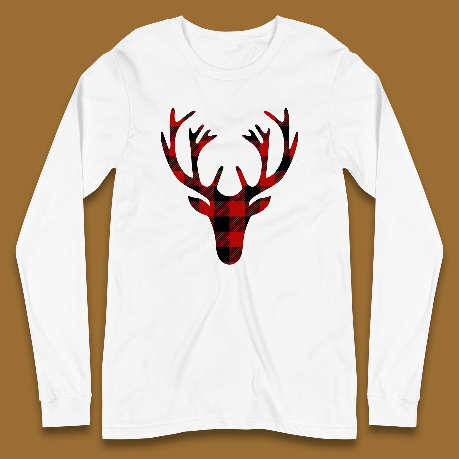 merry christmas buffalo plaid deer head long sleeve t shirt
