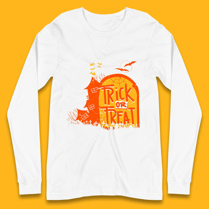 Trick Or Treat Halloween Terrific Abandoned Haunted House Flying Bats Long Sleeve T Shirt