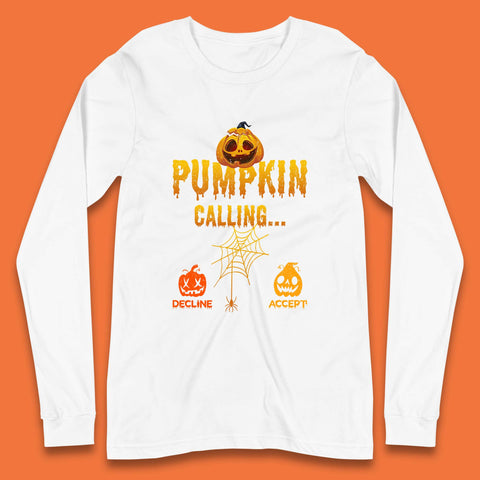 Halloween Pumpkin Calling Accept Decline Funny Jack O Lantern Horror Scary Phone Call Long Sleeve T Shirt