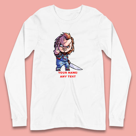 Personalised Chucky With Knife Your Name Or Text Halloween Horror Movie Character Long Sleeve T Shirt