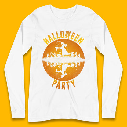 Halloween Party Flying Witch Horror Scary Spooky Season Scary Boo With Full Moon Long Sleeve T Shirt