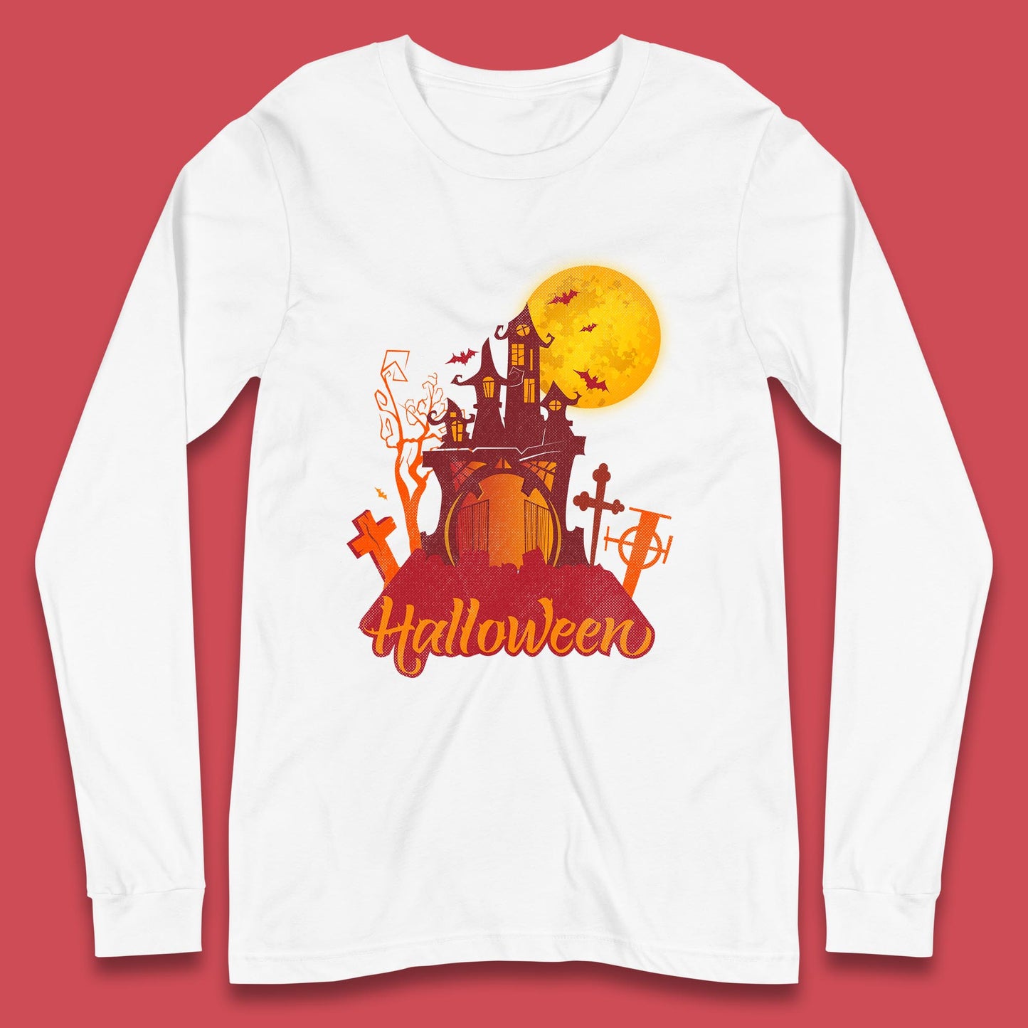 Halloween Lettering With Full Moon Scary Haunted House Flying Bats Horror Graveyard Long Sleeve T Shirt