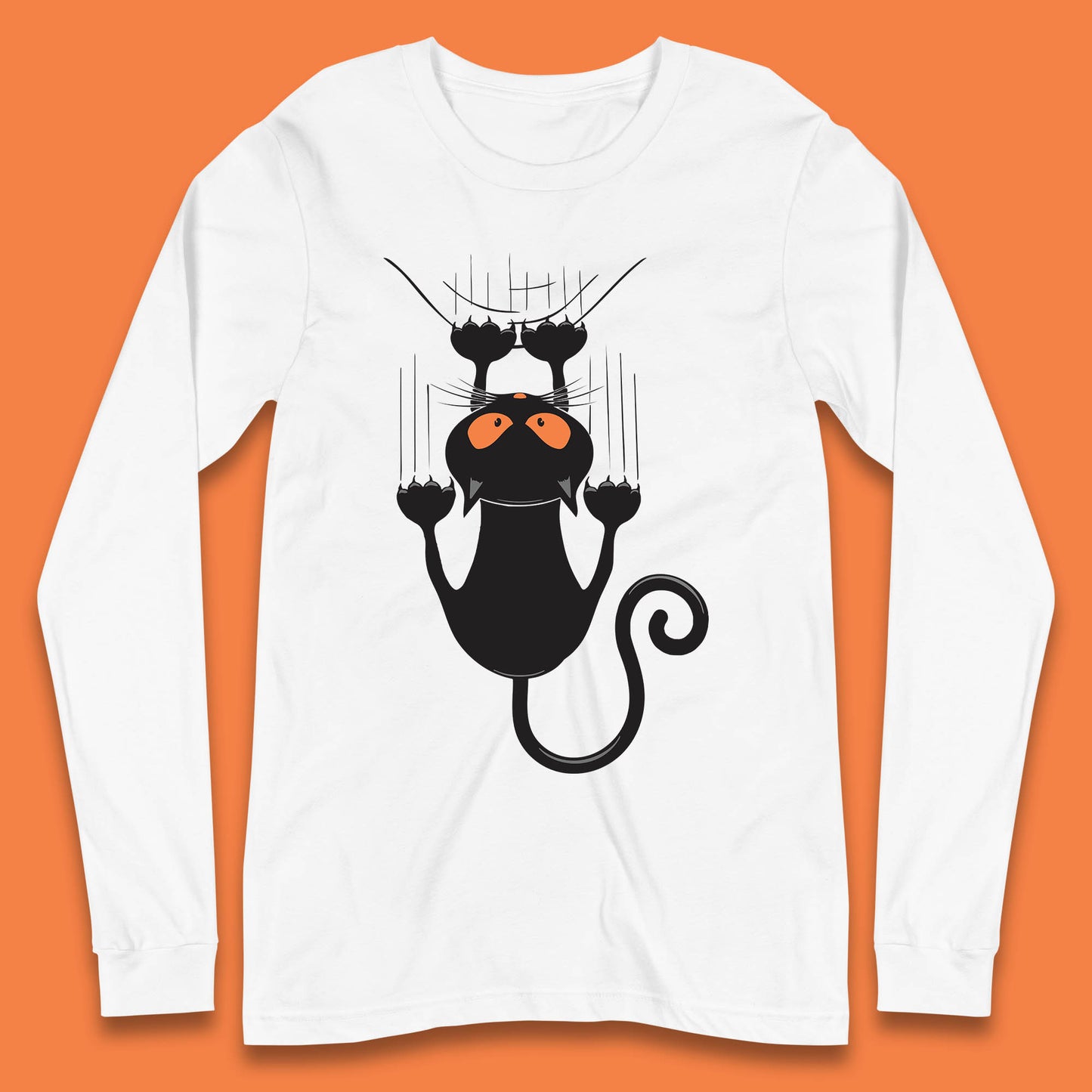 Black Cat Cartoon Scratching Climbing Wall Halloween Horror Scary Black Cat Spooky Season Long Sleeve T Shirt
