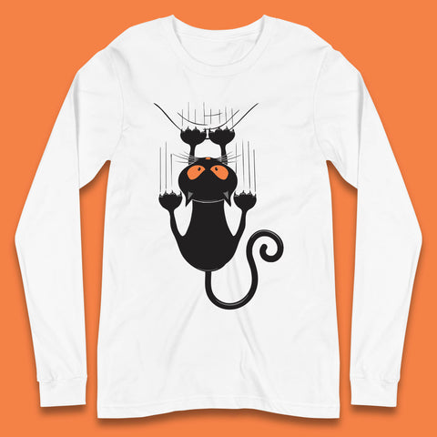 Black Cat Cartoon Scratching Climbing Wall Halloween Horror Scary Black Cat Spooky Season Long Sleeve T Shirt