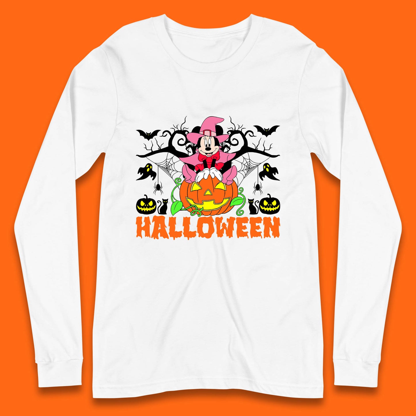 Disney Halloween Witch Minnie Mouse Sitting On Pumpkin Horror Scary Disneyland Trip Costume Long Sleeve T Shirt
