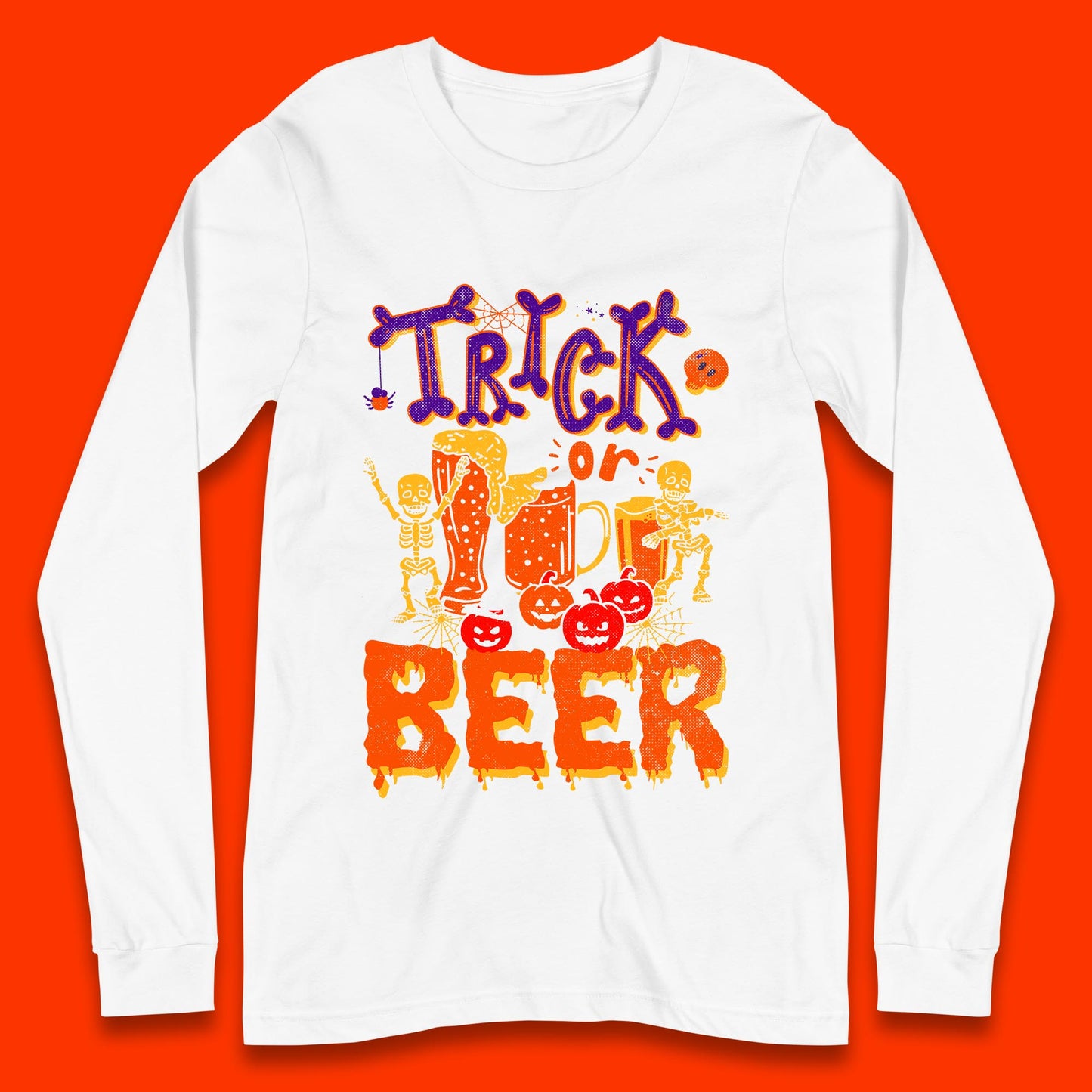 Trick Or Beer Halloween Drinking Beer Lover Dancing Skeleton Drinker Halloween Party Long Sleeve T Shirt