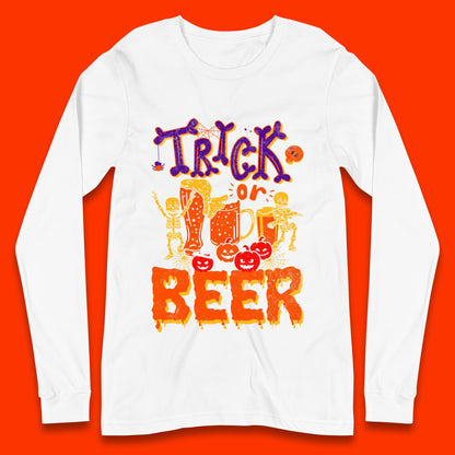 Trick Or Beer Halloween Drinking Beer Lover Dancing Skeleton Drinker Halloween Party Long Sleeve T Shirt