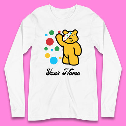 Personalised Spotty Pudsey Bear Hand Waving Dotty Spot Your Name Fundraising Spotty Bear Spotty Day Long Sleeve T Shirt