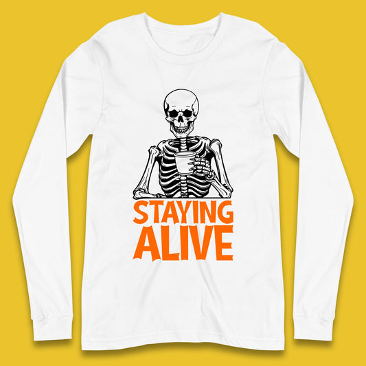 Staying Alive Funny Skeleton Trendy Coffee Halloween Skull Vintage Coffee Lovers Long Sleeve T Shirt